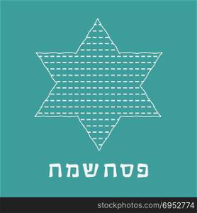 "Passover holiday flat design white thin line icons of matzot in star of david shape with text in hebrew "Pesach Sameach" meaning "Happy Passover"."