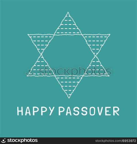 "Passover holiday flat design white thin line icons of matzot in star of david shape with text in english "Happy Passover"."