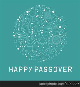"Passover holiday flat design white thin line icons set in round shape with text in english "Happy Passover"."