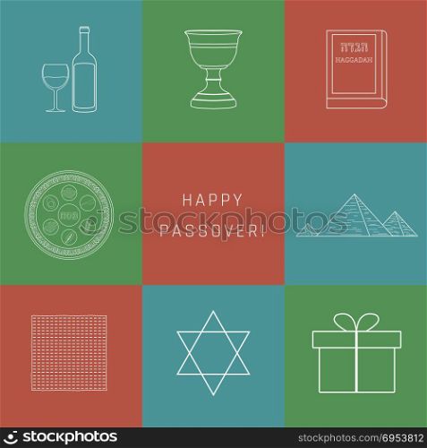 "Passover holiday flat design white thin line icons set with text in english "Happy Passover"."