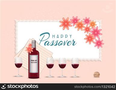 Passover Jewish Spring holiday coral color background. Text in Hebrew Happy kosher Passover. Seder plate, Matzo, red wine glassess, bottle, walnut traditional for Passover Seder Table and flowers.