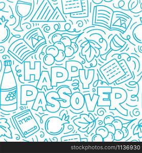 Passover seamless pattern (Jewish holiday Pesach). Hebrew text: happy Passover. Linear vector illustration doodle style. Isolated on white background.. Passover seamless pattern