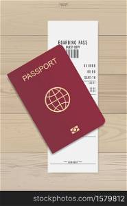 Passport and boarding pass ticket on wood background. Vector illustration.