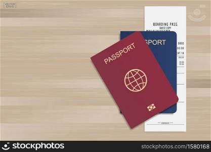 Passport and boarding pass ticket on wood background. Vector illustration.