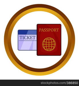 Passport and ticket vector icon in golden circle, cartoon style isolated on white background. Passport and ticket vector icon