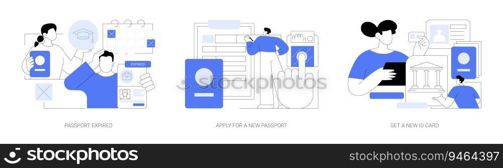 Passport application abstract concept vector illustration set. Passport expired, apply for a new ID card, personal biometric identification, fingerprint scan, apply for working visa abstract metaphor.. Passport application abstract concept vector illustrations.