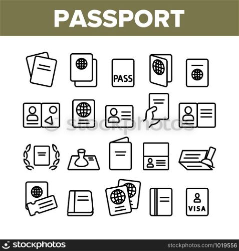 Passport Collection Elements Icons Set Vector Thin Line. Legal Document With Stamp, Certificate, Official License And Passport Concept Linear Pictograms. Monochrome Contour Illustrations. Passport Collection Elements Icons Set Vector