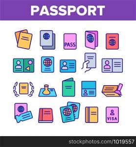 Passport Collection Elements Icons Set Vector Thin Line. Legal Document With Stamp, Certificate, Official License And Passport Concept Linear Pictograms. Color Contour Illustrations. Passport Color Elements Icons Set Vector