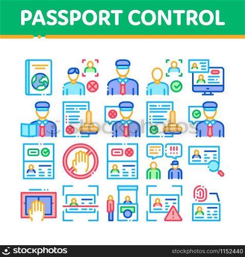 Passport Control Check Collection Icons Set Vector Thin Line. Scanning Passport And Stamp, Policeman And Book, Fingerprint And Document Concept Linear Pictograms. Color Contour Illustrations. Passport Control Check Collection Icons Set Vector