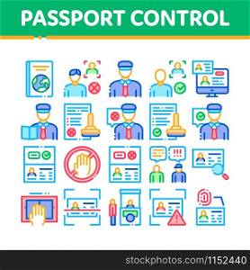Passport Control Check Collection Icons Set Vector Thin Line. Scanning Passport And Stamp, Policeman And Book, Fingerprint And Document Concept Linear Pictograms. Color Contour Illustrations. Passport Control Check Collection Icons Set Vector