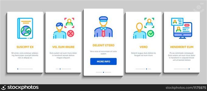 Passport Control Check Onboarding Mobile App Page Screen Vector. Scanning Passport And Stamp, Policeman And Book, Fingerprint And Document Concept Linear Pictograms. Color Contour Illustrations. Passport Control Check Onboarding Elements Icons Set Vector