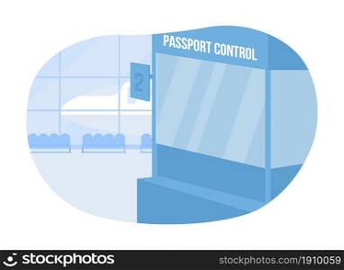 Passport control in airport 2D vector isolated illustration. Stand for ID inspection. Airplane terminal flat scenery on cartoon background. Border control for international flight colourful scene. Passport control in airport 2D vector isolated illustration