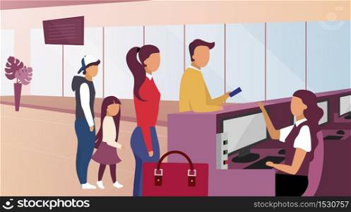 Passport control in airport flat vector illustration. Parents providing documents to customs officer. Family showing tickets, boarding pass to airport employee. Kids waiting for flight registration