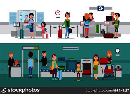 Passport control procedure with metal detector, documents and baggage check by Customs Officers in airport or railway station vector illustrations.. Passport Control Procedure During Crossing Border