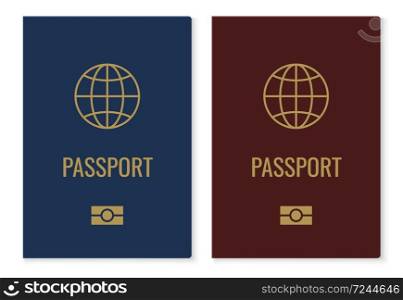 Passport covers with map. Realistic red and blue international identification document, citizen official ID with golden globe. Vector isolated on white elements. Passport covers with map. Realistic red and blue international identification document, citizen ID with golden globe. Vector isolated elements