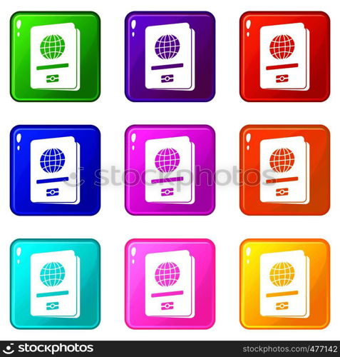 Passport icons of 9 color set isolated vector illustration. Passport set 9