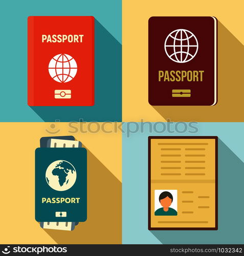 Passport icons set. Flat set of passport vector icons for web design. Passport icons set, flat style