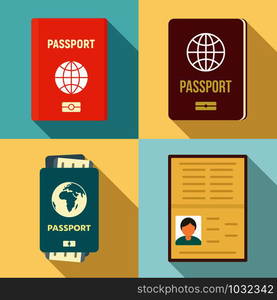 Passport icons set. Flat set of passport vector icons for web design. Passport icons set, flat style