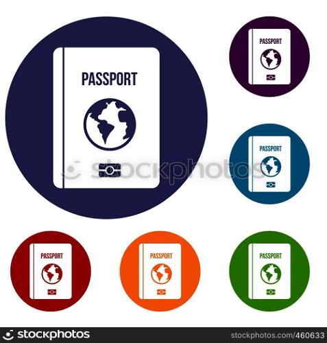 Passport icons set in flat circle reb, blue and green color for web. Passport icons set