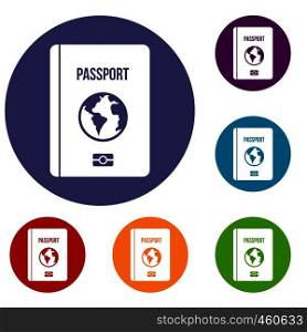 Passport icons set in flat circle reb, blue and green color for web. Passport icons set