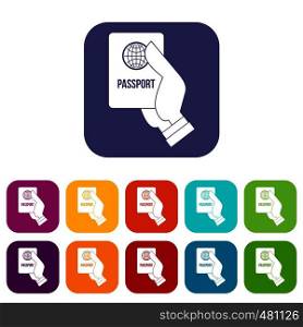 Passport icons set vector illustration in flat style in colors red, blue, green, and other. Passport icons set