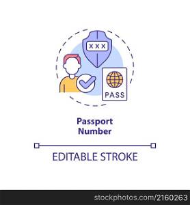 Passport number concept icon. Personal sensitive information abstract idea thin line illustration. Isolated outline drawing. Editable stroke. Roboto-Medium, Myriad Pro-Bold fonts used. Passport number concept icon