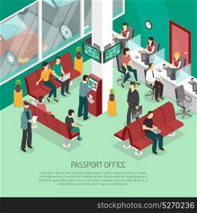 Passport Office Isometric Illustration. Passport office in green color with employees and visitors terminal of queue interior elements isometric vector illustration