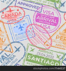 Passport stamps pattern. Seamless page with airport arrival and departure stamps, travel and immigration elements. Vector texture international patterns stamps city travelling with jet illustration. Passport stamps pattern. Seamless page with airport arrival and departure stamps, travel and immigration elements. Vector texture