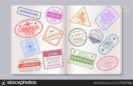 Passport stamps. Travel and immigration marks collection, arrival and departure airport stamps. Vector countries isolated signs in passport, as a concept of security and entry control. Passport stamps. Travel and immigration marks collection, arrival and departure airport stamps. Vector countries signs in passport