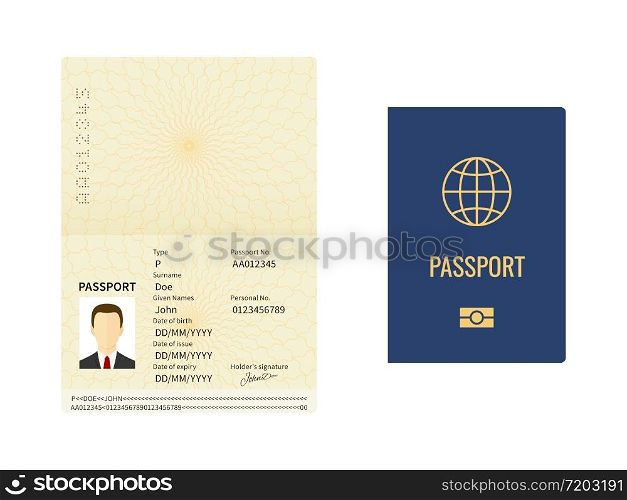 Passport template. Closed and open document for travel and immigration, identity pages with male photo, sample data and signature vector mockup. Passport template. Closed and open document for travel and immigration, identity pages with male photo, sample data and signature vector