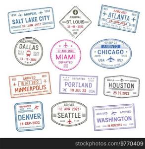 Passport travel st&s, USA airport visa arrival to american cities, vector. International USA travel st&s of Chicago, Houston and Washington, Seattle and Miami, Denver, Dallas, Atlanta and Portland. Passport travel st&s, USA airport visa arrivals