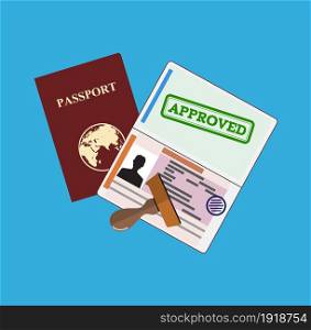 Passport with approved stamp. Identification Document and stamp. Vector illustration in flat style. Passport with approved stamp.