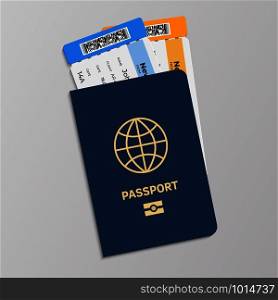 Passport with boarding tickets. Hand drawn isolated blue international document for presentation in airport at customs gate. Vector realistic travel concept vacation departure or return. Passport with boarding tickets. Hand drawn blue international document for presentation in airport at customs gate. Vector realistic travel concept