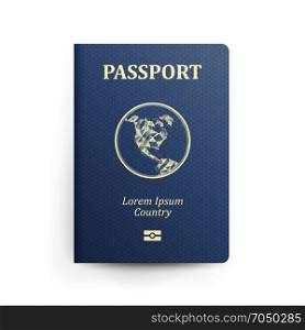 Passport With Map. Realistic Vector Illustration. Blue Passport With Globe. International Identification Document. Front Cover. Isolated. Passport With Map. Realistic Vector Illustration. Blue Passport With Globe. International Identification Document. Front Cover