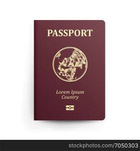 Passport With Map. Realistic Vector Illustration. Red Passport With Globe. International Identification Document. Front Cover. Isolated. Passport With Map. Realistic Vector Illustration. Red Passport With Globe. International Identification Document. Front Cover