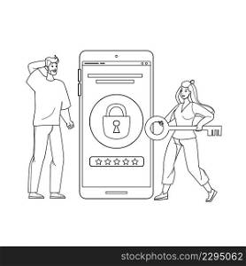 Password And Login Device Security System Black Line Pencil Drawing Vector. Man And Woman Users With Key Try Unlock Smartphone Security System. Characters Gadget Protective Technology Illustration. Password And Login Device Security System Vector