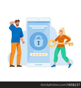 Password And Login Device Security System Vector. Man And Woman Users With Key Try Unlock Smartphone Security System. Characters Gadget Protective Technology Flat Cartoon Illustration. Password And Login Device Security System Vector