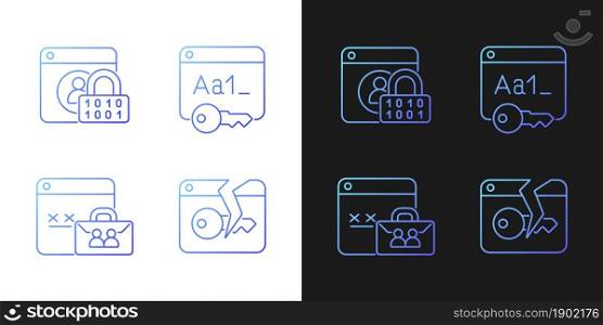 Password encryption gradient icons set for dark and light mode. Internet safety. System security. Thin line contour symbols bundle. Isolated vector outline illustrations collection on black and white. Password encryption gradient icons set for dark and light mode