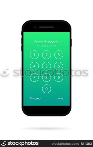 Password for unlock in phone screen. Numeric passcode in smartphone. Number of pin code for security. UI of cellphone. Template of lockscreen. Mockup of interface. App on digital display. Vector.. Password for unlock in phone screen. Numeric passcode in smartphone. Number of pin code for security. UI of cellphone. Template of lockscreen. Mockup of interface. App on digital display. Vector