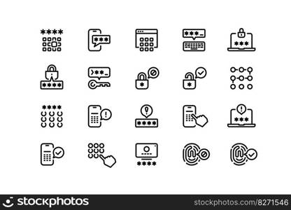 Password line icons. Authorization protection, user data application and service security, correct pin-code and password. Vector editable collection of security password login to access illustration. Password line icons. Authorization protection, user data application and service security, correct pin-code and password input. Vector editable stroke collection