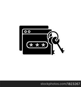 Password management black glyph icon. Preventing unauthorized access. Generating, storing passwords. Encrypted digital database. Silhouette symbol on white space. Vector isolated illustration. Password management black glyph icon