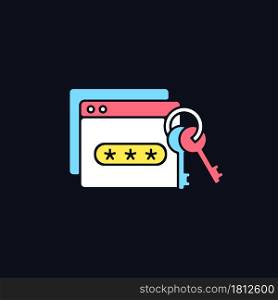 Password management RGB color icon for dark theme. Prevent unauthorized access. Encrypted digital database. Isolated vector illustration on night mode background. Simple filled line drawing on black. Password management RGB color icon for dark theme