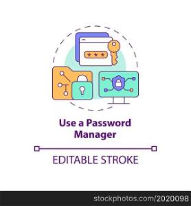 Password manager concept icon. Generating complex passwords for information safety abstract idea thin line illustration. Online security. Vector isolated outline color drawing. Editable stroke. Password manager concept icon