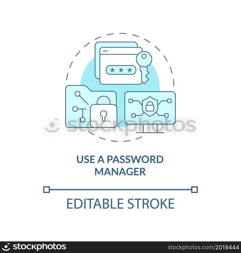 Password manager for information safety concept icon. Generating complex passwords for information safety abstract idea thin line illustration. Vector isolated outline color drawing. Editable stroke. Password manager for information safety concept icon