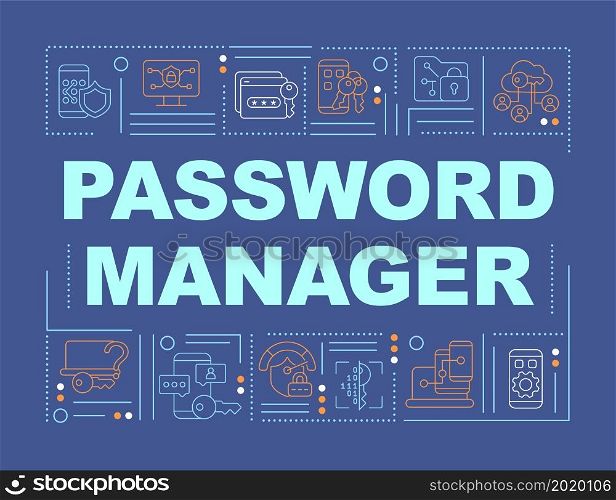 Password manager saving information tool word concepts banner. Infographics with linear icons on green background. Isolated creative typography. Vector outline color illustration with text. Password manager saving information tool word concepts banner