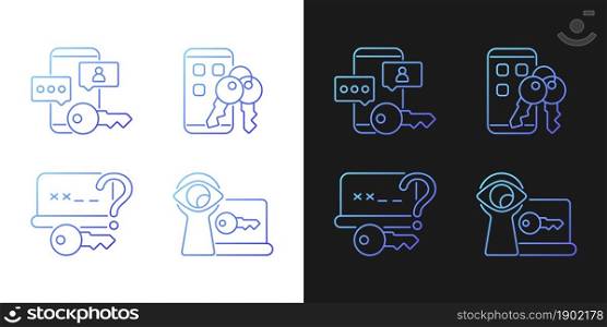 Password protection gradient icons set for dark and light mode. Online privacy management. Thin line contour symbols bundle. Isolated vector outline illustrations collection on black and white. Password protection gradient icons set for dark and light mode