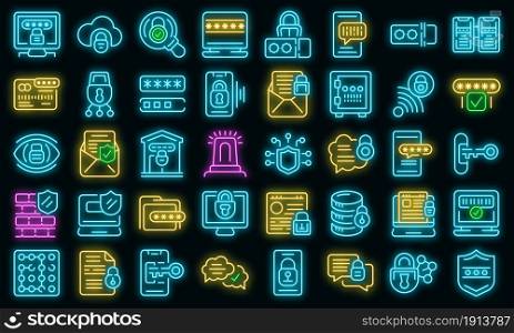 Password protection icons set. Outline set of password protection vector icons neon color on black. Password protection icons set vector neon