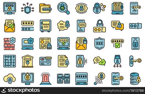 Password protection icons set. Outline set of password protection vector icons thin line color flat isolated on white. Password protection icons set line color vector