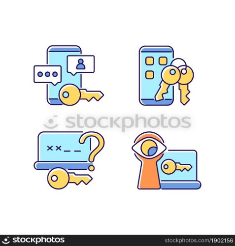 Password protection RGB color icons set. Social media safety. Phone lock. Shoulder surfing. Online privacy management. Isolated vector illustrations. Simple filled line drawings collection. Password protection RGB color icons set