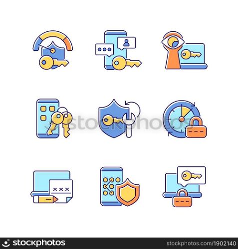 Password requirements RGB color icons set. Internet safety. Cyberspace security. Online privacy. Password management. Isolated vector illustrations. Simple filled line drawings collection. Password requirements RGB color icons set